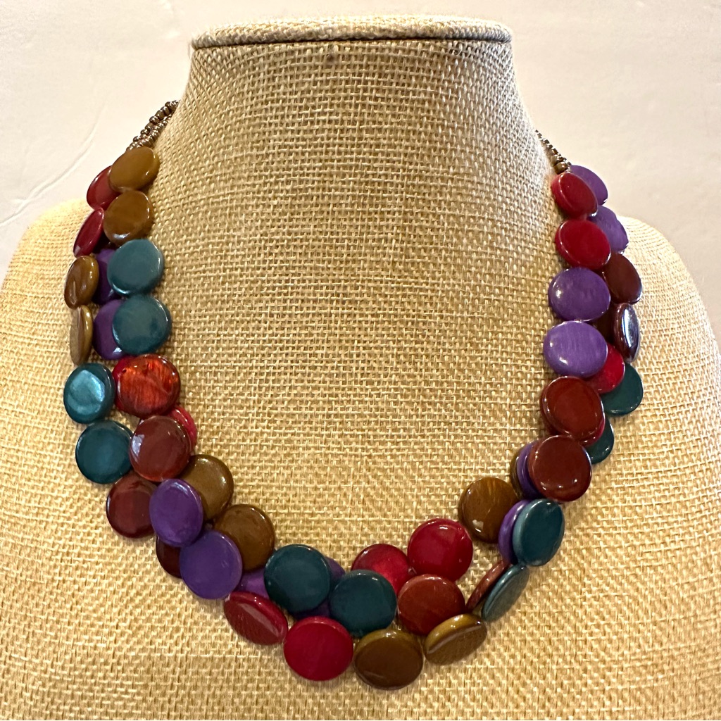 Nwt Erica Lyons Necklace- Multistrand Dyed Glass/Stone Discs Red, Green, Purple
